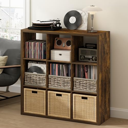 Image of Furinno Cubicle Record Player Stand, 9-Cube Record Storage, Amber Pine | Vinyl Storage, 1.2 inchInch Extra Thick, Open Back Media Shelf for CD DVD Bluray Game Disc, for Living Room, Home Office