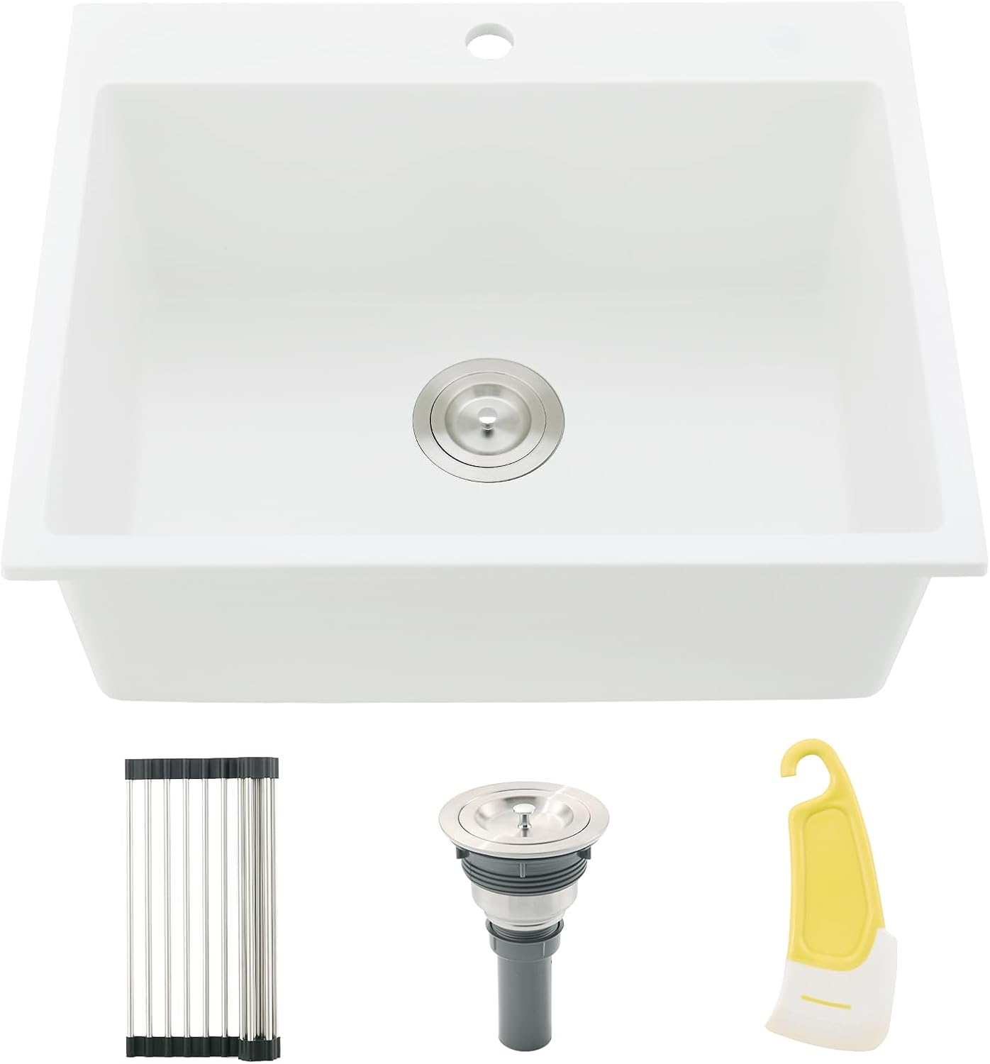 24 Drop in Kitchen Sink, 24x19 Inch Single Bowl White Granite Composite Quartz Topmount Outdoor Kitchen Sink RV Basin with Small Rubber Squeegee