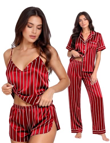 Image of SWOMOG Womens Silk Satin Pajamas Sets 4pcs Sleepwear Sexy Cami Shorts Set and Button Down Short Sleeve Pjs Loungewear