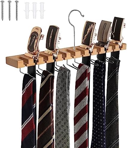 Wooden Tie and Belt Rack, Belt Hanger for Closet 12 Belt and 11 Tie Hanger, Holds 2 in 1 Wall Mount or Hanging Holder, Space Saving Hanger for Tie and Belt Organizer for Closet Door Wall