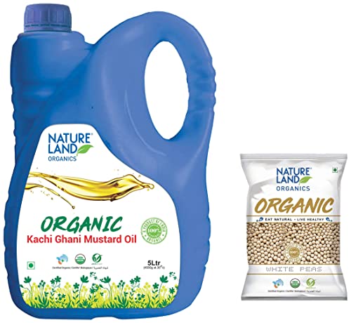 Image of Natureland Organics Mustard Oil Jar, 5 L & Natureland Organics White Peas 500 Gm - Organic Peas