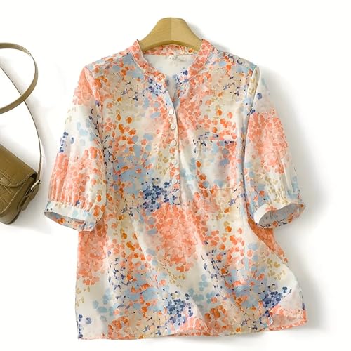 Image of Gufrina Women's Blush Pink Abstract Printed Western Top with Mandarin Collar, Half Button Placket and Relaxed Fit Sleeves