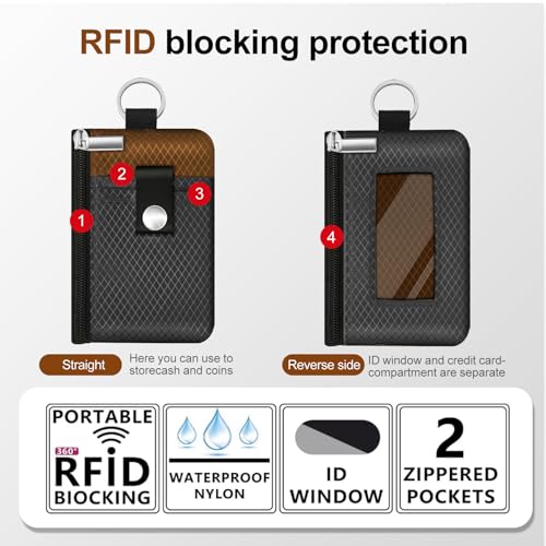 Image of Minimalist RFID Blocking Small Wallet with ID Window,WaterResistant Zip Id Case Wallet with Lanyard Keychain for Cards,Cash,Travel,Women,Men(Drak Grey /Brown)