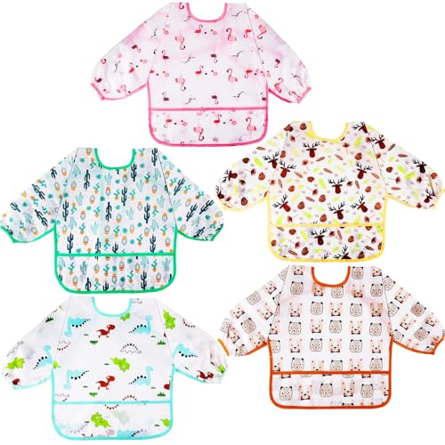 Lictin Baby Lätzchen mit Lange Ärmeln 5 Set Lätzchen Babylätzchen Wasserdicht Baby Bibs Set für 0-24 Monaten