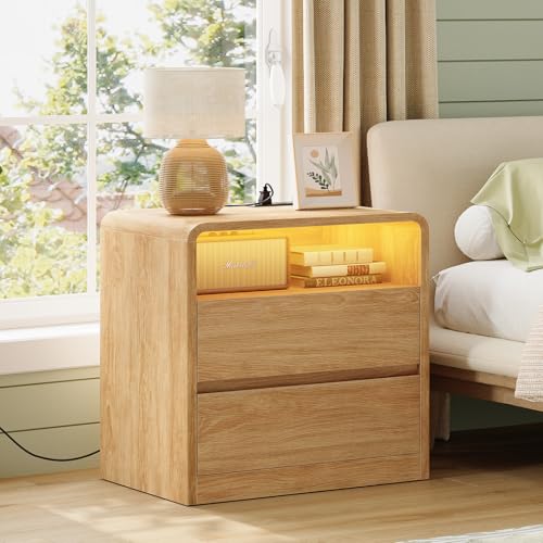 Image of TEENFON Nightstands Set of 2 with Charging Station & LED Lights, Curved Corner Bedside Table 21.7 inch W, 2 Drawers & Open Shelf, USB-C & USB Ports, Natural, Storage End Table for Bedroom /Living Room
