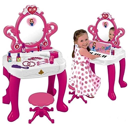 WolVolk 2-in-1 Vanity Set Girls Toy Makeup Accessories with Working Piano & Flashing Lights, Big Mirror, Cosmetics, Working Hair Dryer - Glowing Princess Will Appear When Pressing The Mirror-Button