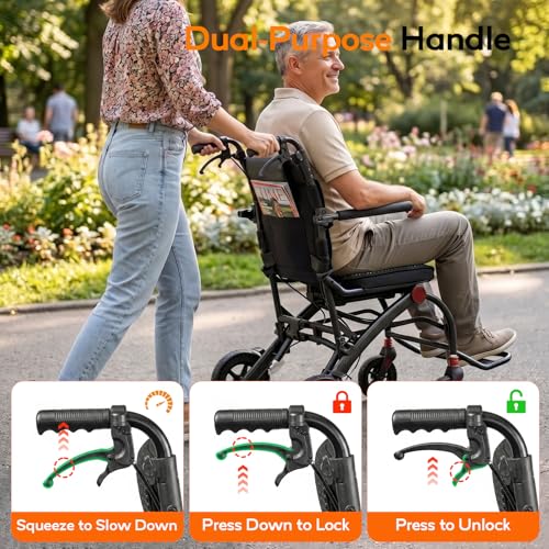 Image of SOFTFISH Transport Wheelchair with Ergonomic Seat & Pull Rod, 1s Foot-fold Wheelchairs for Adults with Foldable Armrest & Footrest, Carbon Fiber Aluminum Frame Travel Transport Chair for Seniors