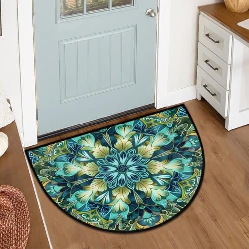 Image of cfpolar Half Round Door Mat Turquoise Mandala Flower Non-Slip Semi Circle Area Rug Washable Half Moon Hearth Rugs for Indoor Outdoor Bathroom Kitchen Patio Runner Mat Laundry Room Home Decoration