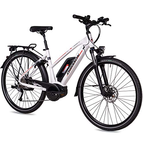 CHRISSON - Bicicleta eléctrica para mujer de 28 pulgadas, color blanco mate, 9 marchas Shimano Alivio, Pedelec con motor central Bosch Active Line 250 W, 40 Nm