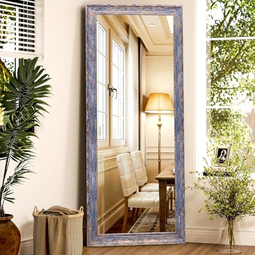 Image of Rectangular Shape 5.25 Feet Full-Length PVC Wooden Frame Wall Hanging Mirror with 5 MM Glass| Floor Wall Leaning Home Decor Mounted Mirror for Bedroom Living-Room - Antique Blue