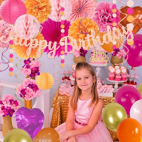 Image of Hot-Pink Orange Birthday Decoration for Women Girl, Fall Peach Burnt-Orange Gold Balloon Decor-Happy Banner, Streamers Lanterns Honeycomb, Tissue Flowers Pom Poms Fan, Boho Sunset Autumn Party Decor