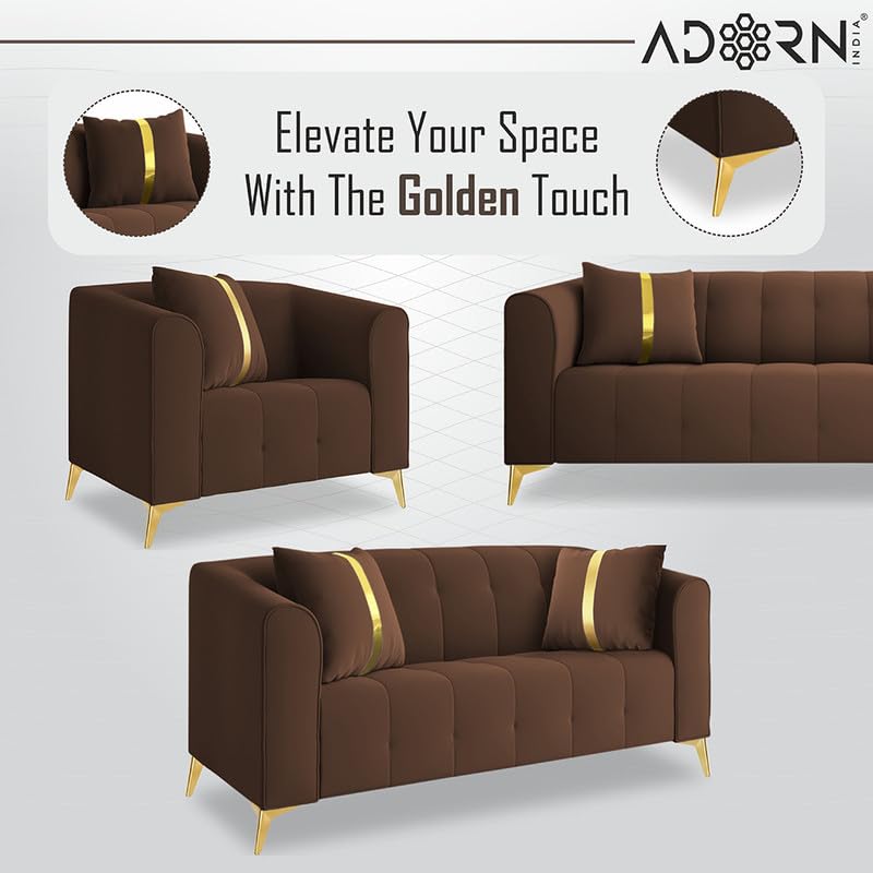 Image of Adorn India Premium Mystic - 3 Years Warranty - 3+2+1 Sofa Set Velvet Suede Fabric - Brown