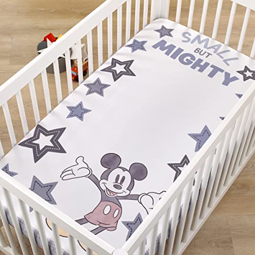 Image of NoJo Disney Mickey Mouse Mighty Mickey Gray, Blue, Red and Yellow Small But Mighty Nursery Photo Op Fitted Crib Sheet