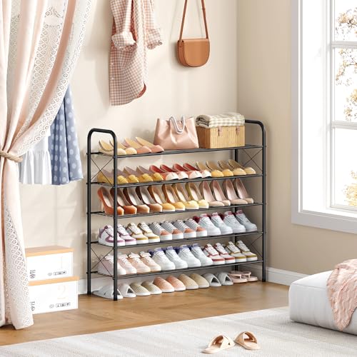 Image of Hoctieon 5 Tier Mesh Style Shoe Rack, Entryway Shoe Shelf, Shoe Storage Organizer, Shoe Rack for Closet, Space Save for Bathroom, Garage, Hallway, Bedroom, Living Room, Black