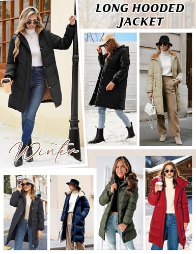 Yuson Girl Winterjacke Damen Wintermäntel Lang Steppjacke Fleece Gefüttert Mantel mit Kapuze Herbst Winter Jacke Winterparka Warm Steppmantel Winddichte Fleecejacke mit Tasche(Schwarz, XL)