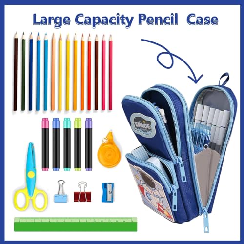 Image of Parshya Space Astronut Pencil Pouch for Boys | Large Capacity 3 Zipper Pencil Case with Multiple Compartments | Stationery Organizer for School Kids | Durable Fabric, Cute Space Travel Design