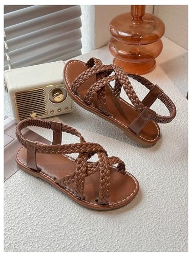 Image of GORGLITTER Girl's Leather Ankle Strap Flat Sandals Dressy Braided Round Open Toe Summer Vacation Beach Cute Sandals 2025