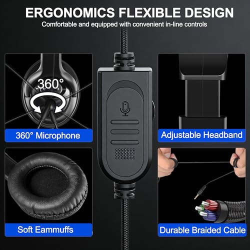 Image of Wired Gaming Headset with Mic for PS5 /PS4 /Xbox /Switch /PC /Laptop /Tablet /Phone, Over-Ear Headphones with USB-A /C & 3.5mm Jacks /360 Rotating Microphone /In-line Control for Home Office Business Work