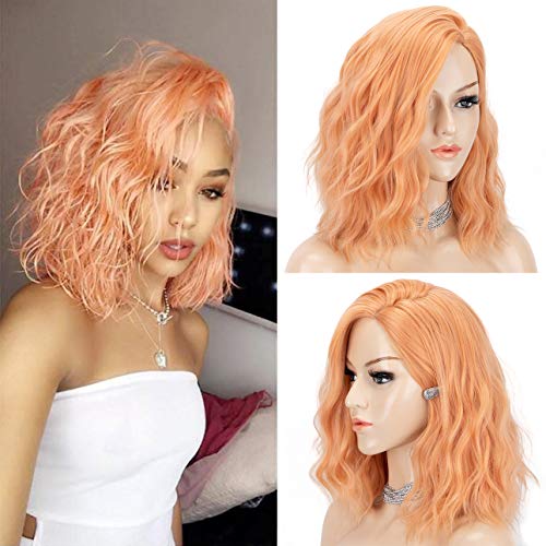 K'ryssma Orange Bob Wig with Side Parting Wavy Short Synthetic Wigs Heat Resistant Hair Wig for Women