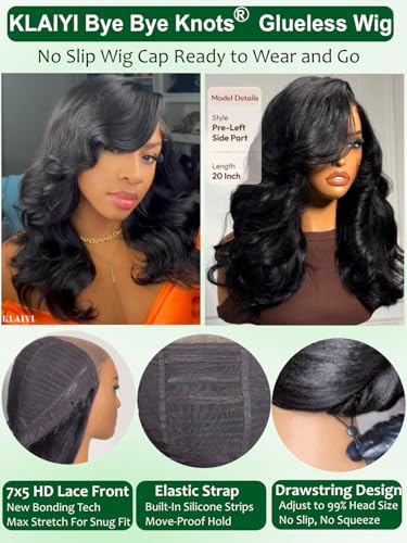 Image of KLAIYI Bye Bye Slip Loose Body Wave Wig Layer Side Part 200% Density 7X5 Pre Cut Lace Front Wigs Human Hair Drawstring Glueless 30S Ready to Wear and Go Beginner Wig Pre Plucked Bleached Knots 12Inch