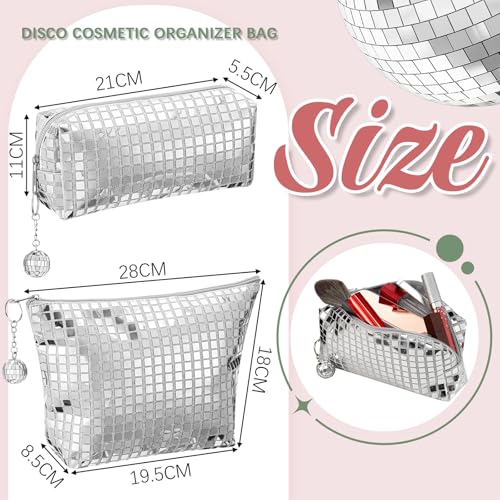 Reginary 2 Pcs Disco Cosmetic Makeup Bags Women Silver Glitter Sequin Mirror Bag Large Travel Handbag with Disco Ball Zipper Storage Makeup Bag for Christmas New Year Bridal Bachelorette Party Gifts3