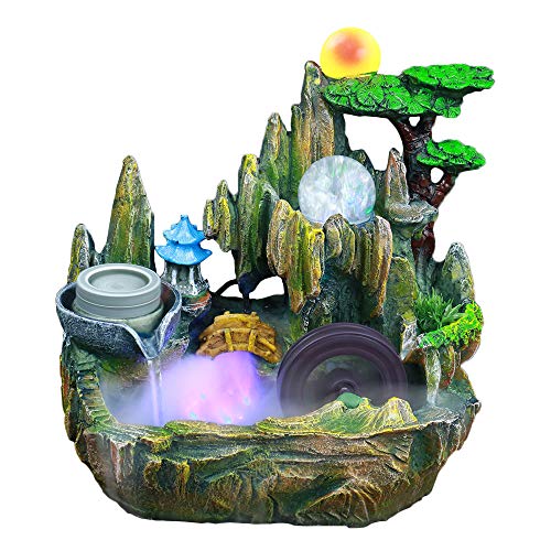 XYing Tabletop Fountain Indoor Small Rockery Desktop Mountain Cascading Waterfalls with Mister Waterwheel