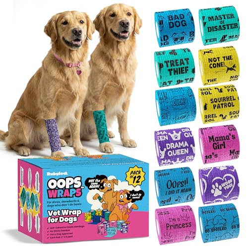 Vet Wrap for Dogs Funny Dog Bandage for Wounds - 12 Pack of 2 Self-Adhesive Vet Tape - Breathable Pet Wrap Bandage for Hot Spots & Injuries Dog First Aid Kit Supplies - Oops Wraps by Rubyloo