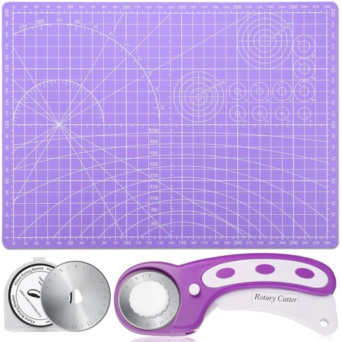 Rotary Fabric Cutter and Mat Set Audab Self Healing Sewing Mats Shirt Cutter 45mm Rotary Cutting Wheel with Fabric Tool Blades for Cloth Crafts Quilting Scrapbooking Hobby (A4 9 x 12 Purple)