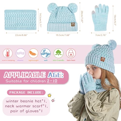 Image of Kids Winter Hat Gloves Scarf Set,Toddler Girls Winter Hat Kids Beanie with Pom Neck Warmer Gaiter Mittens Fleece Lined Set