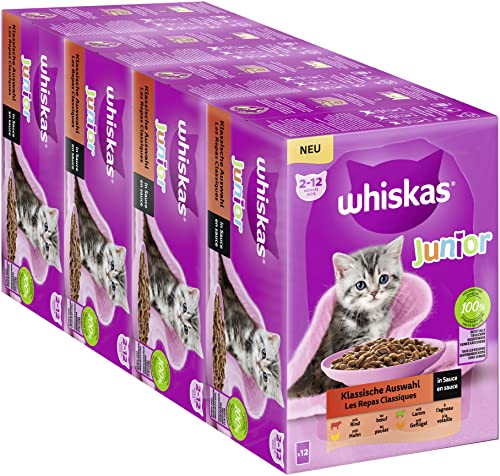 Whiskas Junior karma mokra dla kotów, klasyczny wybór w sosie, 48 porcji, 12 x 85 g (4 sztuki) – wysokiej jakości mokra karma dla dorastających kotów w wieku od 2 do 12 miesięcy