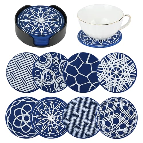 FHUIEWRY Drink Coasters Set of 8, Blue Round Silicone Coasters with Holder, Heat Resistant Cup Coaster for Outdoor, Indoor, Coffee Table, Kitchen, Office, Bar, Tabletop Protection