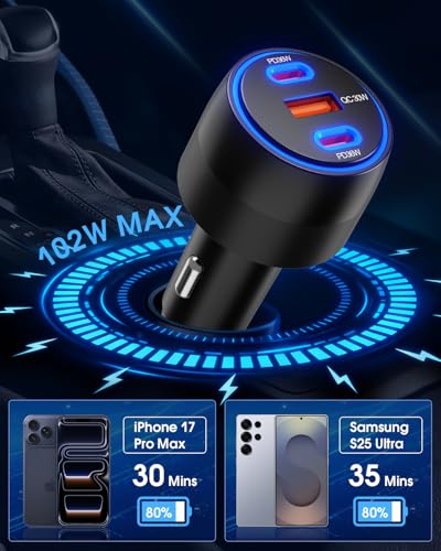 [3 in 1] USB C Car Charger 102W Super Fast Charging Adapter,3-Port PD PPS Car Charger with Ventilation Design, Dual 36W USB-C & 30W USB-A Ports for iPhone 17/16/15/14, Samsung Galaxy, iPad,Laptop - image 2