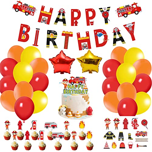 79Pcs Fire Truck Birthday Party Supplies Kit For Kids, Fireman Happy Banner, Foil Star Balloons, Firefighter Stickers, Decoration Boys And Girls, Yellow,Orange,Red #TOP27