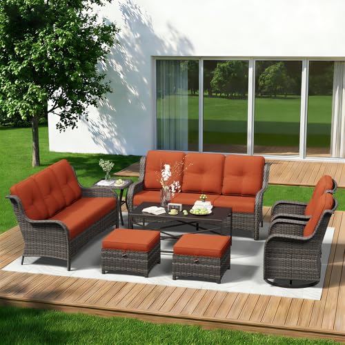 Image of 8 Piece Outdoor Wicker Patio Furniture Set, Outdoor Swivel Rocker Patio Chairs Set with Thickened Olefin Cushions, High Back and Deep Seating, Hand-Woven PE Rattan for Porch, Deck