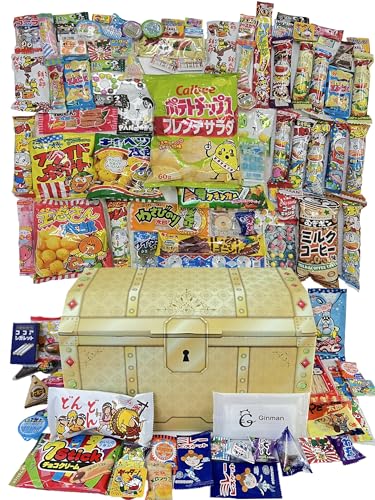 【駄菓子 詰め合わせ 100点セット】ポテトチップス入り|人気&懐かしお菓子+当店オリジナルウェットティッシュ付き|宝箱パッケージ 赤・金 選択可|子供会 景品 誕生日 ギフト (金色)