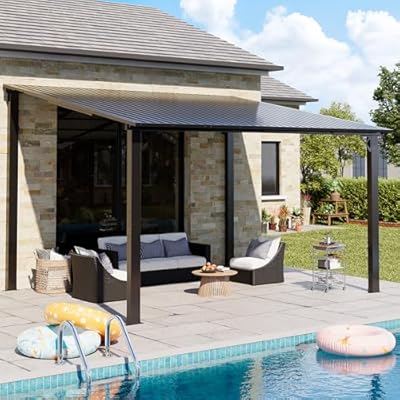 AirWire 10'x12' Lean to Gazebo, Hardtop Pergola with Metal Roof, Wall Mounted Heavy Duty Canopy Awning for Backyard, Deck and More