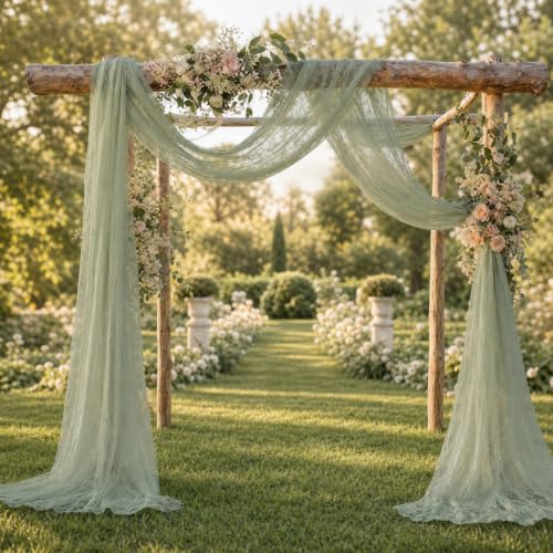Image of HunnmingRe 2 Panel Sage Green Wedding Arch Draping Fabric Summer 30 inch X 18 FT Lace Wedding Arch Drapery Embroidered Boho Rustic Backdrop Vintage Decor for Bridal Shower Church Ceremony Decoration