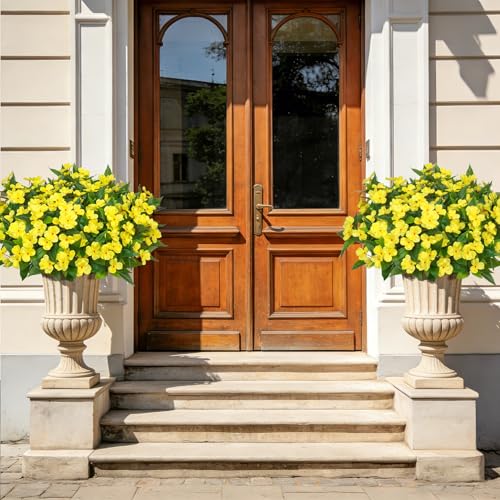 Image of Bassion 6 Bundles Artificial Flowers for Outdoors Fake Impatiens, Yellow | UV resistant, silk flowers, no fade realistic faux plants, outside patio garden porch planters window box balcony home decor