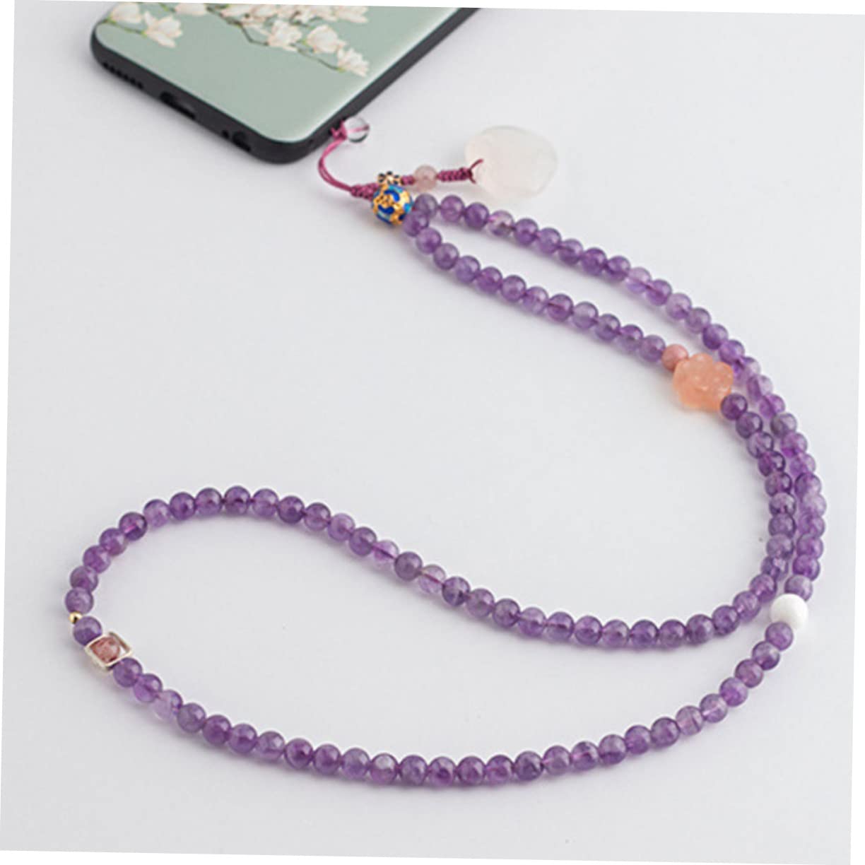 Housoutil Laccio per Cellulare in Ametista Naturale Decorazione Elegante, Catena Lunga da Appendere Compatibile Custodia Telefono