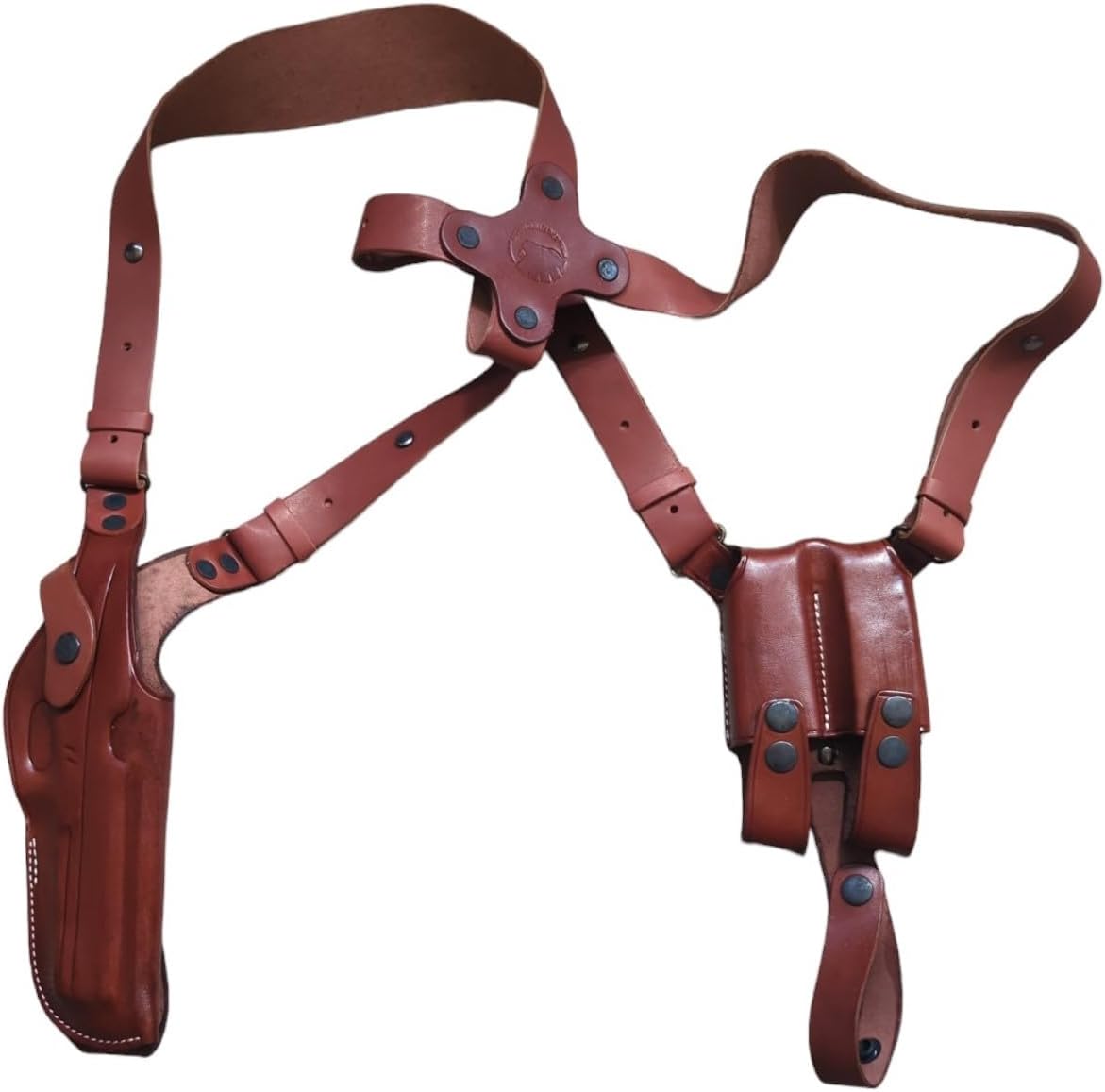 Leather Shoulder Holster System Compatible with Glock 17, Glock 19 and More, Glock 22/23/31/32/34 – Vertical Concealed Carry with Double Mag Pouch, Right Handed Over The Shoulder Holster