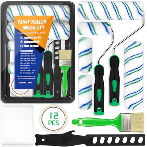 JEDWKFA 12 Piezas Rodillo Pintura Pared, Rodillos para Pintar Paredes Incluir Cinta de Carrocero, Cubeta Pintura, Rodillo Pintura Pequeño, Cepillar, Agitador de Pintura, Juegos de Rodillos para Pintar