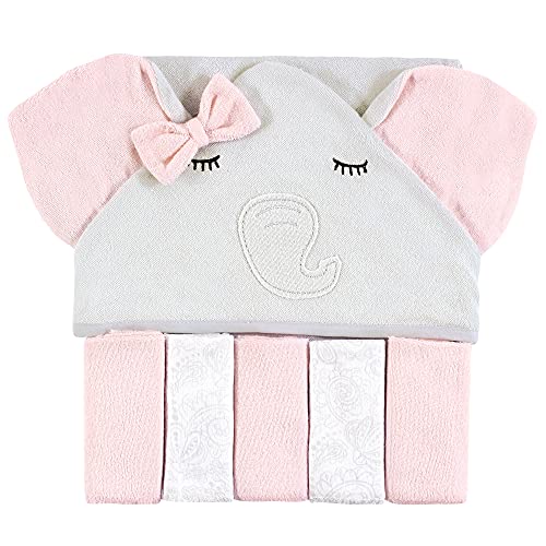 Image of Hudson Baby Unisex Baby Hooded Towel and Five Washcloths, Gray Pink Elephant, One Size