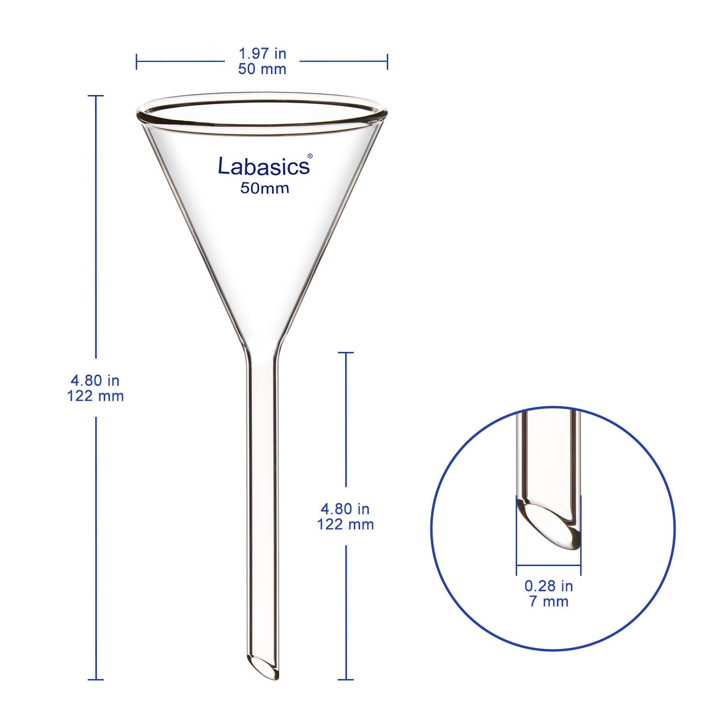 Labasics 2 Pezzi Imbuto in Vetro Borosilicato Glass Funnel, Imbuti da Laboratorio, Gambo Corto Diametro 50 mm, Lughezza Stelo 50 mm