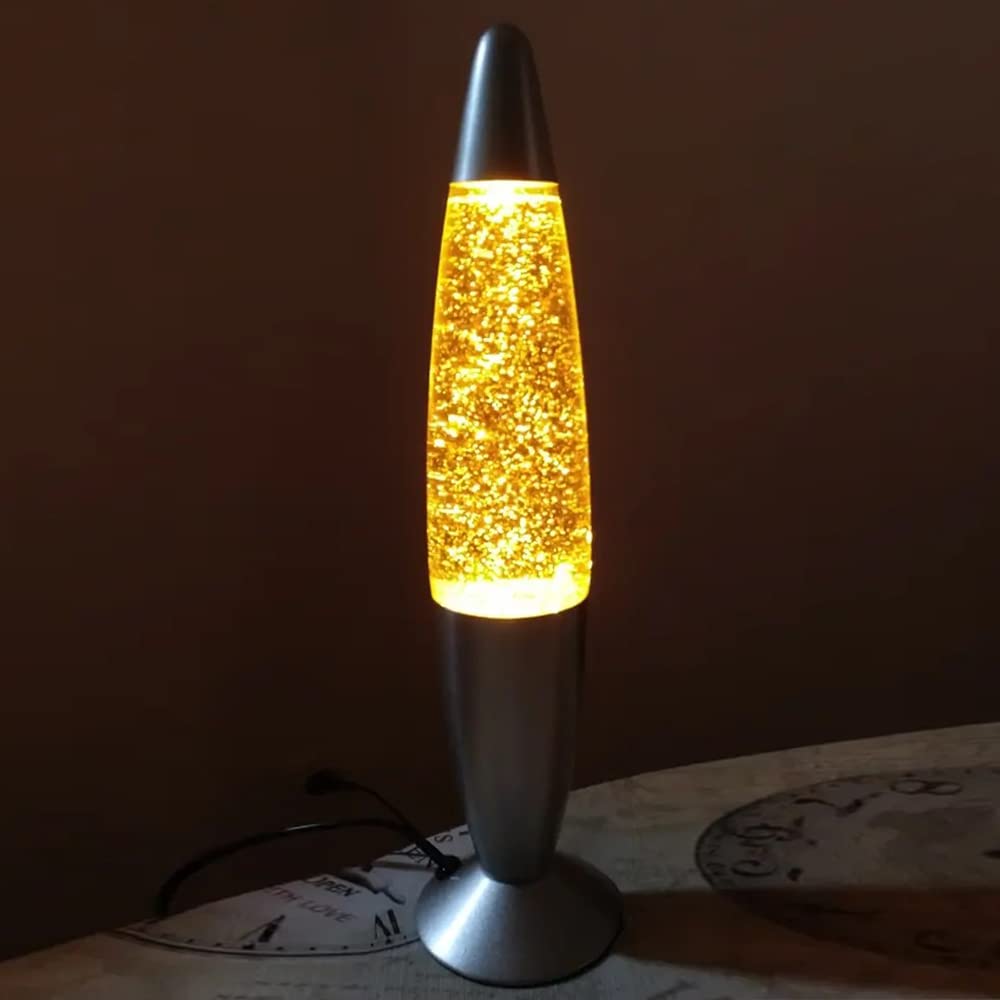 Lampara de Lava Purpurina Glitter Destellos color Amarillo, 40 cm de Altura, Base Gris