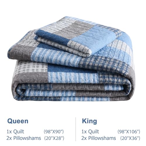 Image of Finlonte Quilt King Size - 100% Cotton King Size Comforter Set Blue Navy Grey Plaid Farmhouse Quilt Bedding Set, Reversible Lightweight Soft Bedspread, Quilted Coverlet All-Season, 3-Piece