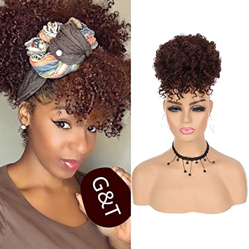 G&T Wig Afro Puff Drawstring Ponytail with Bangs Short Curly Puff Ponytail Extensions for Black Women (33#)