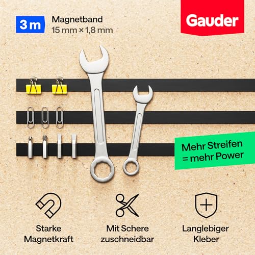GAUDER Magnetband selbstklebend stark - Magnetstreifen zuschneidbar mit hoher Haftkraft - Magnetklebeband mit starkem Kleber - Magnetklebestreifen mit optimierter Magnetkraft (3 m x 15 mm)