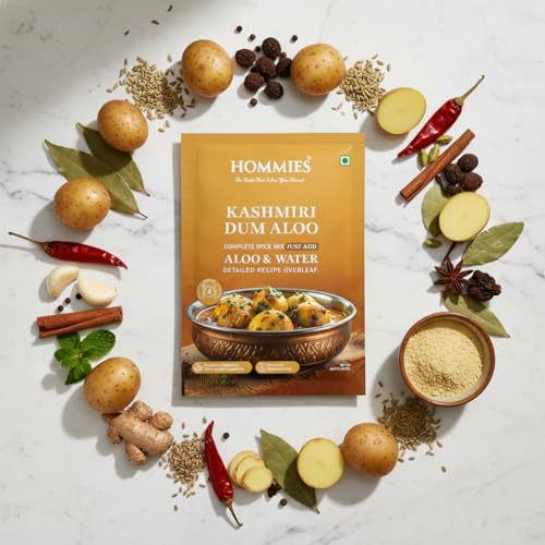 Image of Hommies Kashmiri Dum Aloo Curry Spice Mix (Pack of 4) | Dum Aloo Masala | Ready to Cook in 15 Mins | Just Add Potatoes & Water | Serves 4 | No Preservatives | Spicy & Flavorful | 200 gm (50 gm each)