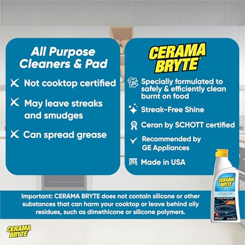 Cerama Bryte Glass Cooktop and Stove Top Cleaner Combo Kit - Includes Cleaning Tool, Razor, Scraper and 1 Pad to Remove Tough Stains - Use on Gas, Electric, Ceramic Surfaces, 10 Ounces, 4 Piece