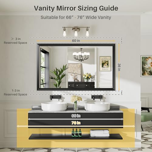 60x36 Inch Black Bathroom Mirror for Wall, Thick Metal Framed Rectangle Mirrors for Over Sink, Bedroom, Living Room, Entryway, Anti-Rust, HD Tempered Glass
